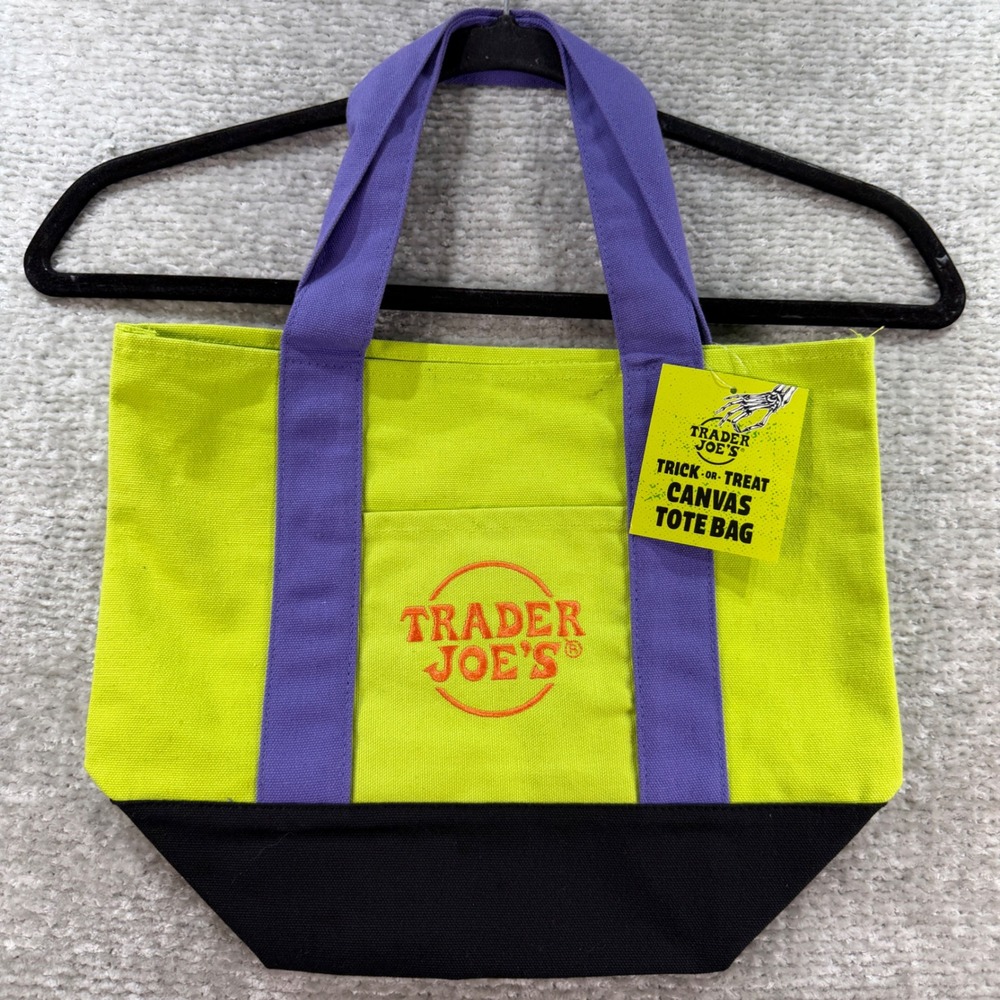 Trader Joe's Mini Tote Trick-or-Treat Canvas OS Green Purple Halloween Bag